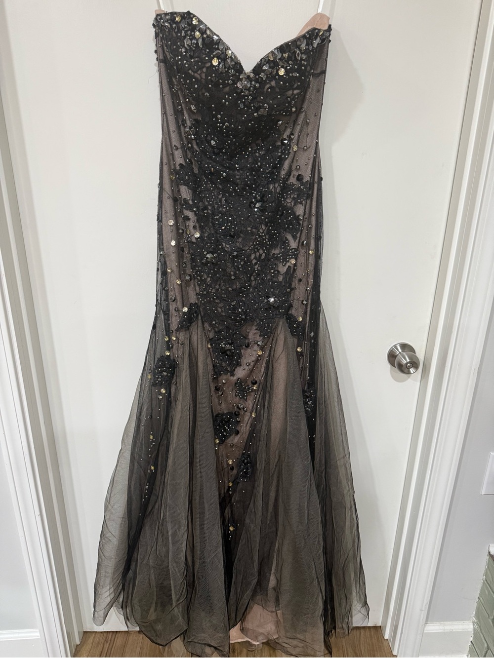 Dark Gray Strapless Beaded Tulle Evening Gown